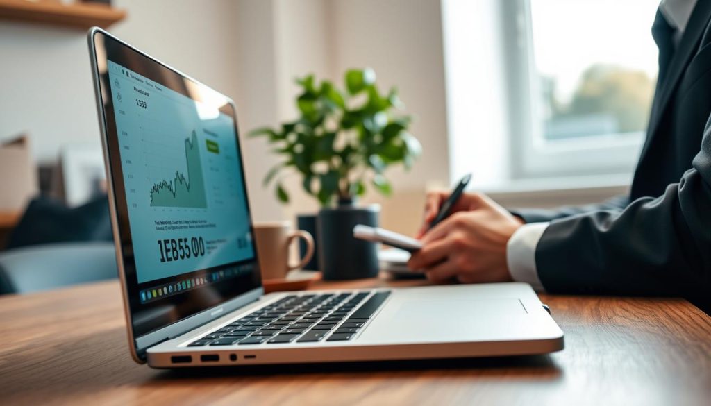 A modern online loan platform scene, displaying a sleek laptop on a wooden desk, with financial graphs and loan documents visible on the screen. In the foreground, a professional individual in smart business attire is focused on the laptop, making notes on a notepad. The middle shows a plant and a coffee mug, creating a cozy yet professional atmosphere. In the background, a softly blurred window lets in natural light, enhancing the calm environment. The image should have a warm, inviting tone, with soft lighting creating a sense of trust and security, reflecting the topic of online loans. Photography style should resemble a close-up shot taken with a 50mm lens, emphasizing the details of the workspace.