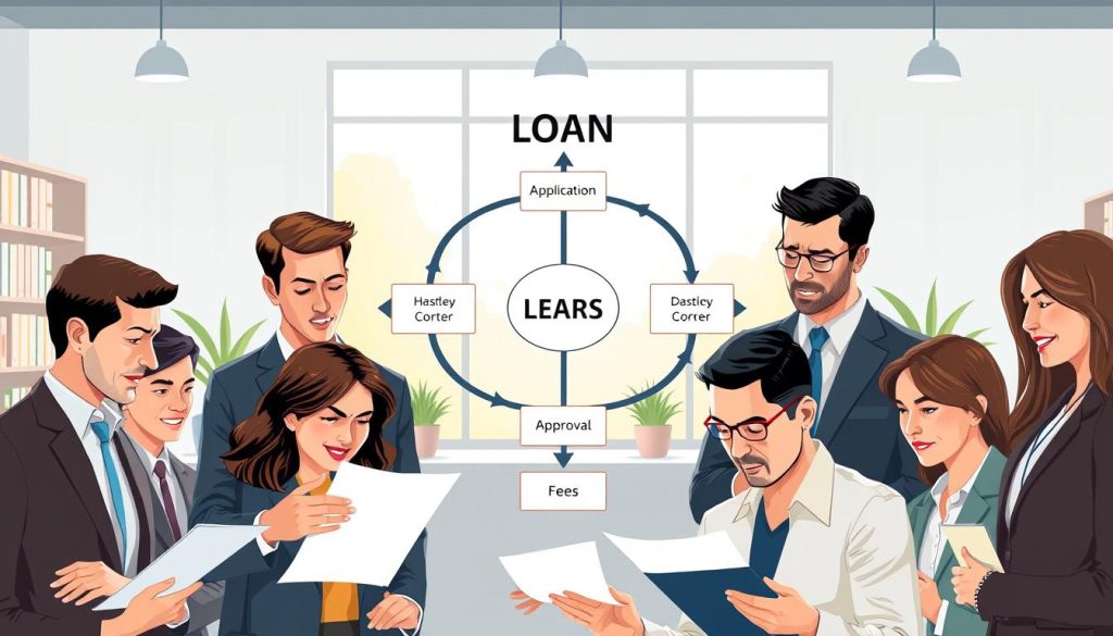 A modern, professional illustration depicting the loan process, focused on costs and potential expenses involved. In the foreground, a diverse group of individuals in business attire, engaged in discussion while examining documents and a calculator, expressing curiosity and concern. In the middle, a clear flowchart of the loan process, with arrows pointing to key stages like 'Application', 'Approval', and 'Fees', visually overlaying an office setting with a large window showing a bright, cheerful day outside. The background features shelves with financial books and potted plants for a welcoming ambiance. The lighting is bright and natural, highlighting the faces of the participants, creating a mood of professionalism and urgency, emphasizing clarity and understanding in financial matters.