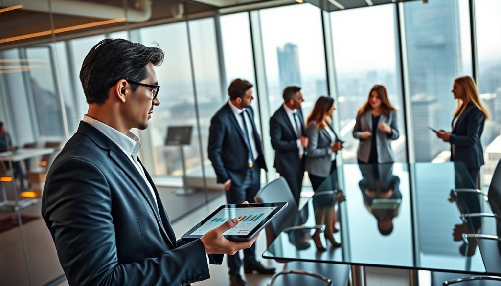 A modern, professional loan matching platform depicted in a sleek, digital environment. In the foreground, a confident business professional in formal attire interacts with a large touch screen displaying detailed graphs and loan options. The middle ground features a diverse group of professionals in similar attire, discussing animatedly around a glass conference table, indicating collaboration and networking. The background shows a futuristic office skyline through large windows, infused with bright natural light that casts subtle reflections, creating an inviting atmosphere. The overall mood is dynamic and innovative, suggesting a vibrant hub for financial services. The lens captures details sharply, highlighting the technology used in the platform while maintaining a warm color palette.