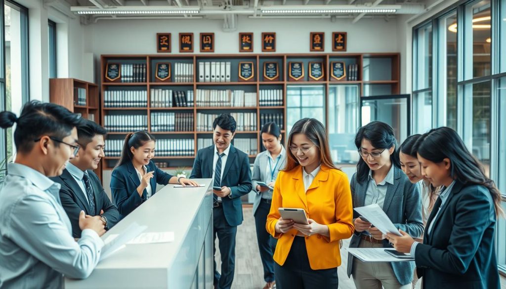 A modern, professional office environment depicting a bustling "代辦公司" (dispatcher company). In the foreground, a diverse group of professionals, dressed in smart business attire, are engaged in animated discussions over paperwork and digital devices. The middle ground showcases a sleek reception area with large windows allowing natural light to flood in, creating an open and welcoming atmosphere. In the background, shelves filled with organized documents and award plaques highlight the company's achievements. The lighting is bright and cheerful, with a warm tone enhancing the productivity vibe. The image captures a sense of collaboration and efficiency, reflecting the essence of a dynamic agency providing essential services. The angle is slightly elevated, giving a panoramic view of the office's vibrant activity.