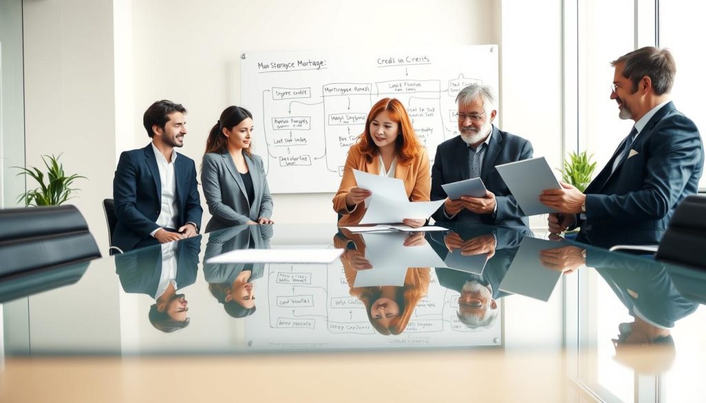 A modern, professional office environment depicting a mortgage application process. In the foreground, a diverse group of individuals in business attire are seated around a sleek glass conference table, reviewing financial documents. A middle-aged woman is pointing at a document, while an older man is taking notes on a laptop. In the middle, a large whiteboard features flowcharts illustrating different types of credit and their impact on mortgage approvals. The background showcases a bright, well-lit office with large windows allowing natural light to filter in, creating an optimistic atmosphere. The mood is focused and collaborative, highlighting the importance of understanding various credit types in the mortgage application process. Capture this scene with a slight depth of field effect to emphasize the foreground subjects while still providing context from the middle and background elements. A modern, professional office environment depicting a mortgage application process. In the foreground, a diverse group of individuals in business attire are seated around a sleek glass conference table, reviewing financial documents. A middle-aged woman is pointing at a document, while an older man is taking notes on a laptop. In the middle, a large whiteboard features flowcharts illustrating different types of credit and their impact on mortgage approvals. The background showcases a bright, well-lit office with large windows allowing natural light to filter in, creating an optimistic atmosphere. The mood is focused and collaborative, highlighting the importance of understanding various credit types in the mortgage application process. Capture this scene with a slight depth of field effect to emphasize the foreground subjects while still providing context from the middle and background elements.