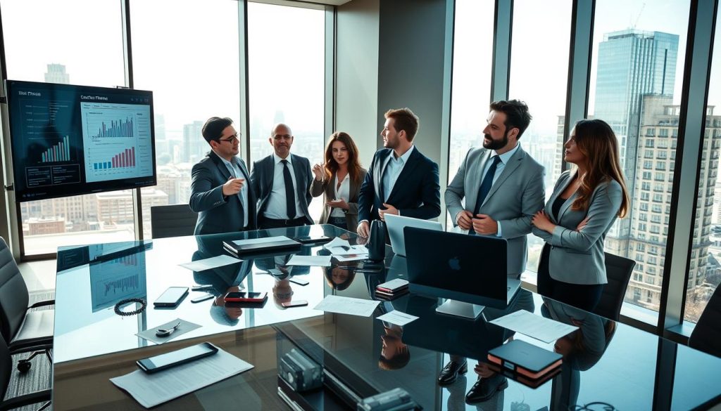 A modern, professional office environment focused on anti-fraud strategies. In the foreground, a diverse group of four business professionals, two men and two women, are engaged in a serious discussion around a sleek, glass conference table, all dressed in professional business attire. One person points to a large digital screen displaying charts and data related to risk management and fraud prevention. The middle layer features various technology tools like laptops, smartphones, and documents scattered on the table, emphasizing collaboration. The background includes floor-to-ceiling windows showing a cityscape, with sunlight pouring in, creating a bright and productive atmosphere. The mood is focused and intense, depicting a sense of urgency and teamwork in combating fraud in financial systems. A modern, professional office environment focused on anti-fraud strategies. In the foreground, a diverse group of four business professionals, two men and two women, are engaged in a serious discussion around a sleek, glass conference table, all dressed in professional business attire. One person points to a large digital screen displaying charts and data related to risk management and fraud prevention. The middle layer features various technology tools like laptops, smartphones, and documents scattered on the table, emphasizing collaboration. The background includes floor-to-ceiling windows showing a cityscape, with sunlight pouring in, creating a bright and productive atmosphere. The mood is focused and intense, depicting a sense of urgency and teamwork in combating fraud in financial systems.