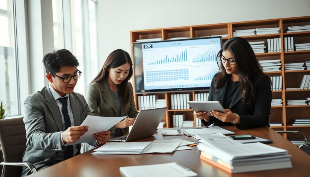 A modern, professional office setting focused on credit assessment and data management. In the foreground, a diverse group of three professionals in business attire—one Asian male reviewing documents, one Black female typing on a laptop, and one Hispanic female discussing charts on a tablet. The middle ground features a large screen displaying graphs and statistics related to credit information, labeled with "JCIC". In the background, shelves filled with financial reports and books create a sense of organization. Soft natural lighting enters through large windows, casting a warm glow across the scene. The atmosphere is serious yet collaborative, emphasizing the importance of understanding credit records.