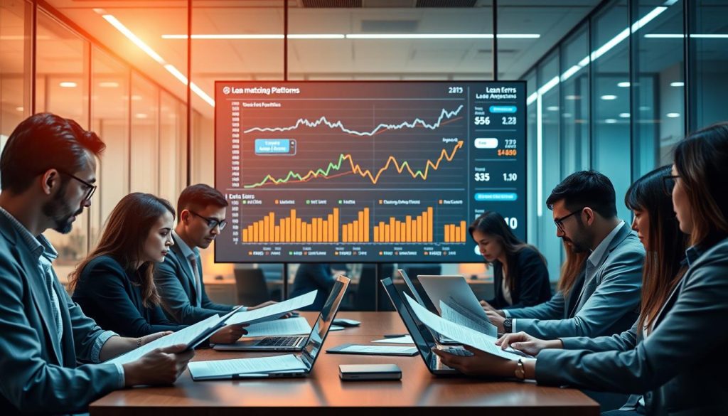 A modern, professional workspace illustrating a loan matching platform. In the foreground, a diverse group of business professionals, dressed in formal business attire, are intensely analyzing documents and graphs displayed on laptops. In the middle, a large digital screen shows fluctuating loan data and user statistics with graphs and charts, indicating the impact of data errors on loan approval processes. The background features a sleek, contemporary office with glass walls, soft ambient lighting casting a warm glow. The mood conveys a sense of urgency and commitment, emphasizing the importance of accurate data in financial decisions. Capture the scene from an angle that highlights the interaction between the professionals and the data displayed.