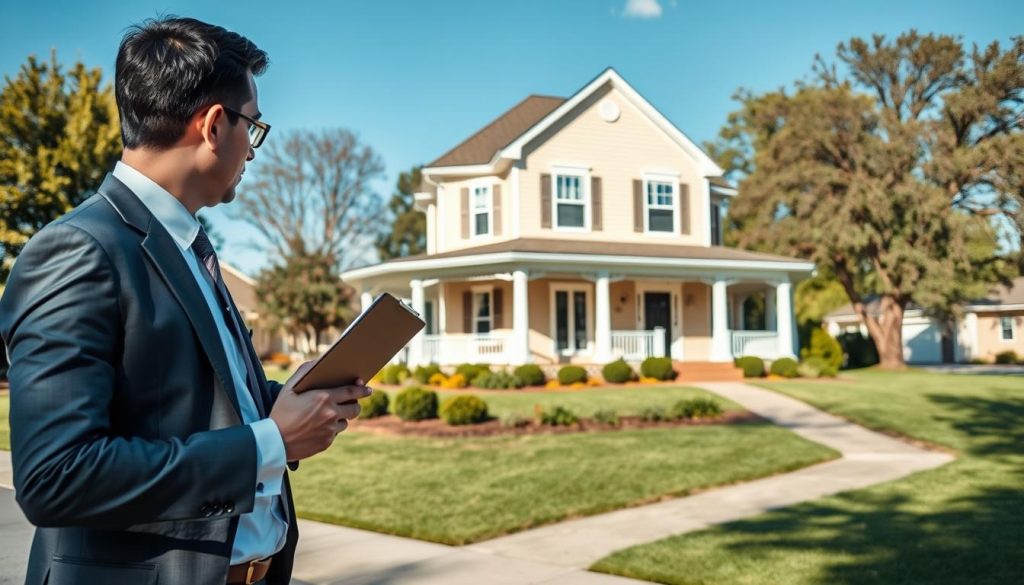 A modern real estate appraisal scene depicting a professional appraiser examining a well-maintained house in a suburban neighborhood. In the foreground, the appraiser, dressed in smart business attire, holds a clipboard and takes notes as they assess the property. In the middle ground, a beautiful two-story house with a well-manicured lawn is showcased, highlighting its features such as a spacious porch and large windows. The background includes trees and a clear blue sky, creating a pleasant and optimistic atmosphere. Soft natural lighting casts gentle shadows, enhancing the architectural details of the home. The angle is slightly elevated, providing a comprehensive view of both the appraiser and the property, symbolizing the importance of property conditions in loan approval processes. A modern real estate appraisal scene depicting a professional appraiser examining a well-maintained house in a suburban neighborhood. In the foreground, the appraiser, dressed in smart business attire, holds a clipboard and takes notes as they assess the property. In the middle ground, a beautiful two-story house with a well-manicured lawn is showcased, highlighting its features such as a spacious porch and large windows. The background includes trees and a clear blue sky, creating a pleasant and optimistic atmosphere. Soft natural lighting casts gentle shadows, enhancing the architectural details of the home. The angle is slightly elevated, providing a comprehensive view of both the appraiser and the property, symbolizing the importance of property conditions in loan approval processes.