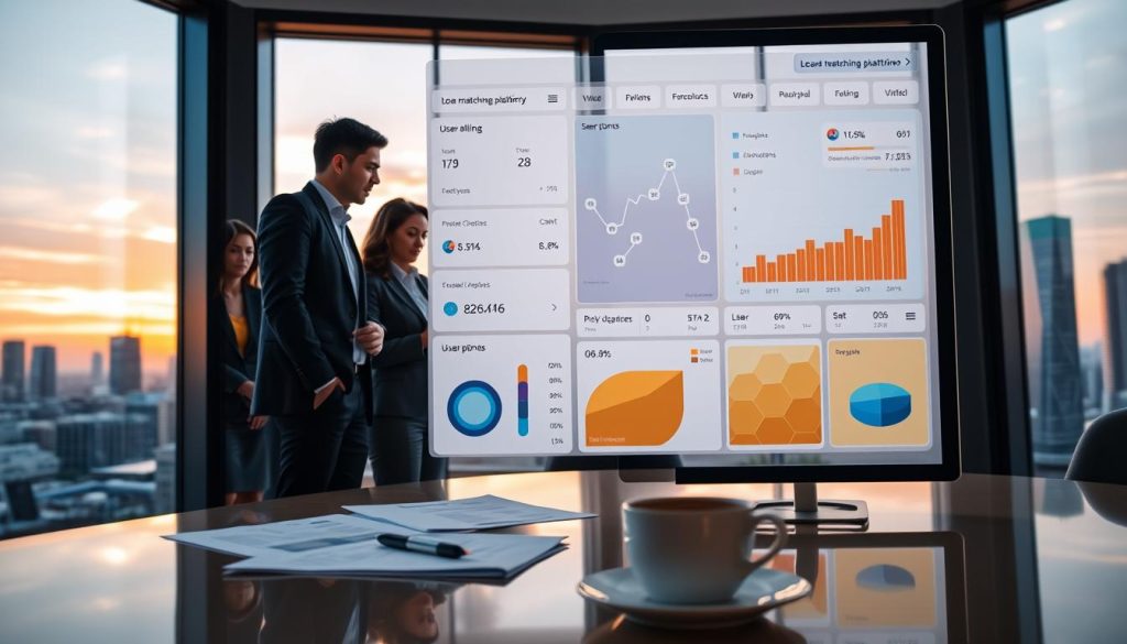 A modern, sleek loan matching platform interface displayed on a digital device, featuring vibrant graphs and analytics showcasing user interactions and loan options. In the foreground, a diverse group of professional individuals in business attire engage with the platform, collaborating and discussing data points. The middle ground presents a polished desk with paperwork and a coffee cup, symbolizing an active work environment. In the background, large windows reveal a city skyline at dusk, casting warm, golden light that reflects a hopeful and productive atmosphere. The image captures a sense of connectivity, service, and efficiency, emphasizing the platform's role in facilitating financial solutions. A modern, sleek loan matching platform interface displayed on a digital device, featuring vibrant graphs and analytics showcasing user interactions and loan options. In the foreground, a diverse group of professional individuals in business attire engage with the platform, collaborating and discussing data points. The middle ground presents a polished desk with paperwork and a coffee cup, symbolizing an active work environment. In the background, large windows reveal a city skyline at dusk, casting warm, golden light that reflects a hopeful and productive atmosphere. The image captures a sense of connectivity, service, and efficiency, emphasizing the platform's role in facilitating financial solutions.