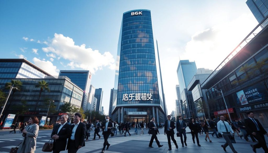 A modern urban landscape featuring the "聯徵中心" building, prominently displayed in the foreground with sleek glass architecture, reflecting sunlight. Surrounding the center, depict a busy street scene with professionals in business attire walking briskly, symbolizing financial activity. In the middle ground, include hints of bank signage and financial advertisements that suggest credit evaluations, enhancing the theme of financial assessment. The background should showcase a bright blue sky with a few fluffy clouds, conveying optimism and professionalism. Utilize soft, natural lighting to create a vibrant atmosphere, capturing a sense of urgency and activity. The angle should be slightly elevated to provide a comprehensive view of the building and its surroundings, emphasizing its importance in the financial landscape.