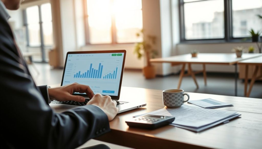 A modern workspace centered around a digital loan matching platform interface displayed on a sleek laptop. In the foreground, a professional individual, dressed in smart business attire, analyzes financial data presented on the screen, showcasing graphs and personal condition metrics. The middle ground features a stylish desk with essential financial documents, a calculator, and a cup of coffee, indicating a thoughtful assessment. In the background, a soft-focus view of a serene office environment with natural light streaming through large windows, creating a warm and inviting atmosphere. The overall mood is focused and proactive, emphasizing the importance of self-assessment before applying for a loan.
