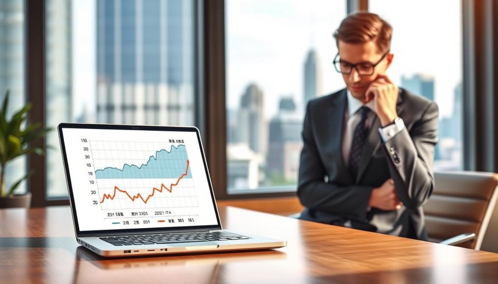 A professional and informative illustration of credit inquiry types in a financial context. In the foreground, depict a sleek, modern office desk with a laptop displaying a digital graph related to "聯徵查詢" (credit inquiry) and "金融機構查詢" (financial institution inquiry). Include a businessperson in professional attire, intently analyzing the screen, with a thoughtful expression. The middle ground features a window showing a city skyline, symbolizing financial institutions and their impact. In the background, soft-focus architectural elements of a contemporary office building create an environment of professionalism and trust. Use soft, natural lighting to enhance the atmosphere, evoking focus and clarity in financial decision-making.