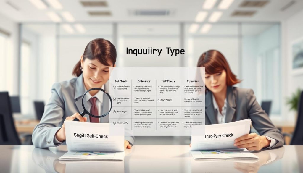 A professional and informative illustration representing the concept of "Inquiry Types" related to credit checks. In the foreground, show two individuals in business attire, one examining a magnifying glass over a document labeled "Self-Check," while the other observes a document marked "Third-Party Check." In the middle, depict a clear, organized chart or infographic outlining key differences between self-checks and third-party inquiries, with visual icons for better comprehension. The background features a modern office setting with soft lighting highlighting the subjects, creating an atmosphere of clarity and professionalism. Use a slightly blurred effect on the background to keep the focus on the individuals and the chart, ensuring a clean and informative visual that complements the topic.