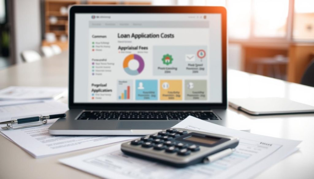 A professional and informative overview of loan application costs, featuring a sleek office desk with organized documents and a calculator prominently in the foreground. The middle layer includes a laptop screen displaying colorful charts and graphs related to common fees like application, processing, and appraisal costs, with visually appealing icons representing each fee. In the background, a softly blurred modern office environment with natural light streaming through large windows, creating an airy and professional atmosphere. The mood should be focused and clear, conveying a sense of financial transparency and professionalism. The scene includes no people or human figures, ensuring a clean and business-oriented focus. A professional and informative overview of loan application costs, featuring a sleek office desk with organized documents and a calculator prominently in the foreground. The middle layer includes a laptop screen displaying colorful charts and graphs related to common fees like application, processing, and appraisal costs, with visually appealing icons representing each fee. In the background, a softly blurred modern office environment with natural light streaming through large windows, creating an airy and professional atmosphere. The mood should be focused and clear, conveying a sense of financial transparency and professionalism. The scene includes no people or human figures, ensuring a clean and business-oriented focus.