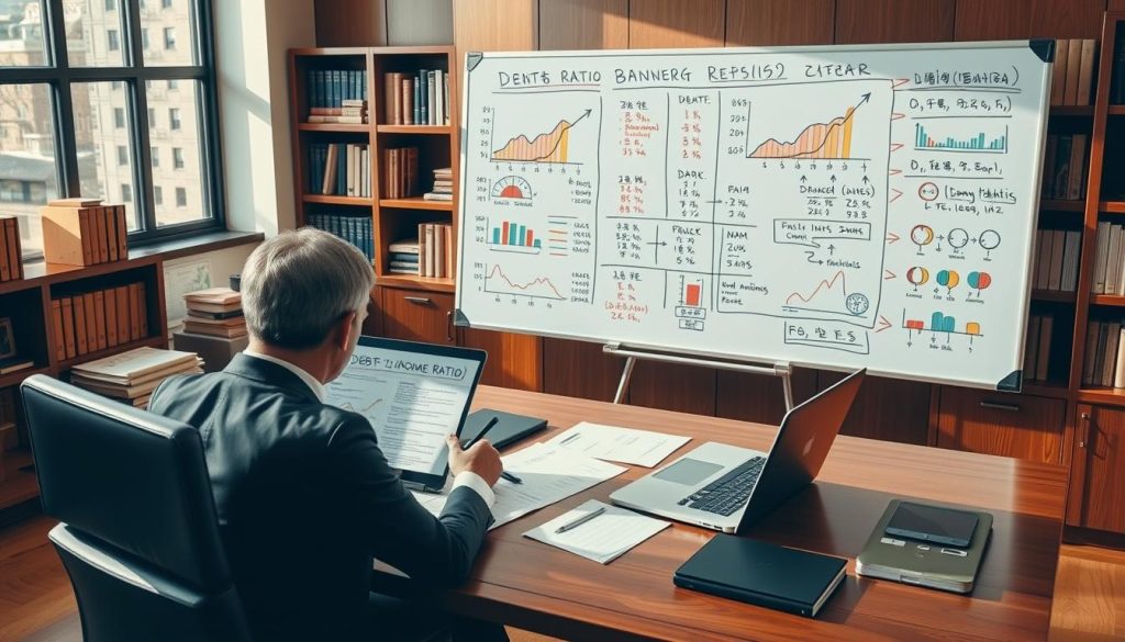 A professional and informative scene illustrating a financial concept focused on "負債比" (debt ratio). In the foreground, a person in smart business attire is sitting at a polished wooden desk, analyzing financial documents and graphs displayed on a laptop. The middle ground features a large whiteboard filled with colorful, detailed charts and diagrams representing debt-to-income ratios, with arrows and annotations in a clear, organized layout. The background includes bookshelves stacked with financial literature, creating a scholarly atmosphere. Warm, natural lighting from a nearby window casts soft shadows, enhancing the professionalism of the setting. The overall mood is serious and focused, embodying the analytical nature of banking and finance.
