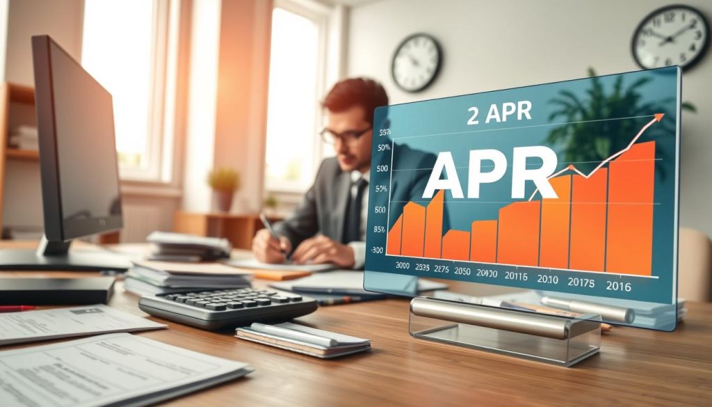 A professional and informative scene illustrating the concept of "Total Annual Percentage Rate" (APR) in a financial context. In the foreground, a neatly organized desk with a calculator, notepad, and financial documents spread out. A close-up view of a digital financial graph displaying the APR in a visually engaging manner, with vibrant colors emphasizing different rates. In the middle ground, a person in smart business attire, focused and writing notes, analyzing the data with a thoughtful expression. The background features a modern office environment with soft lighting, large windows letting in daylight, and a wall clock subtly indicating urgency. The atmosphere is serious yet inspiring, evoking contemplation about important financial decisions. A professional and informative scene illustrating the concept of "Total Annual Percentage Rate" (APR) in a financial context. In the foreground, a neatly organized desk with a calculator, notepad, and financial documents spread out. A close-up view of a digital financial graph displaying the APR in a visually engaging manner, with vibrant colors emphasizing different rates. In the middle ground, a person in smart business attire, focused and writing notes, analyzing the data with a thoughtful expression. The background features a modern office environment with soft lighting, large windows letting in daylight, and a wall clock subtly indicating urgency. The atmosphere is serious yet inspiring, evoking contemplation about important financial decisions.
