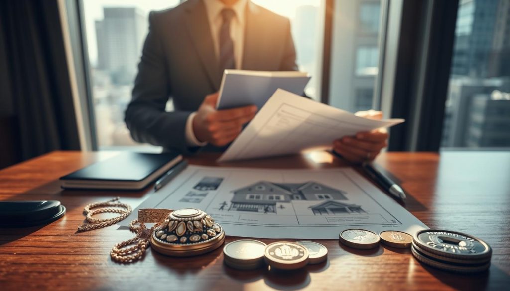 A professional and informative scene showcasing various types of collateral for corporate loans. In the foreground, a polished wooden desk displays several items: a set of gold and silver jewelry, a real estate blueprint, and a small collection of antique coins. The middle ground features a well-dressed business professional examining these items with a notebook in hand, taking notes. The background includes a large window with natural light streaming in, illuminating a cityscape, hinting at a thriving business environment. Soft shadows and warm lighting create a focused and serious atmosphere, emphasizing the importance of assessing collateral value. A wide-angle perspective allows for a comprehensive view of the scene, enhancing the sense of professionalism and diligence in the evaluation process.