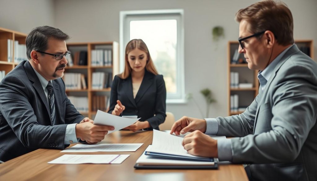 A professional and modern office environment as the background, depicting a group of three people engaged in a discussion around a table. The foreground focuses on a middle-aged man in business attire, pointing at documents with a concerned expression, showcasing the theme of loan fraud. The middle ground includes a woman in smart casual clothing taking notes, her face reflecting intrigue and caution. The background should have shelves filled with financial books and a window letting in soft, natural light, creating a serene yet serious atmosphere. Capture the mood of vigilance and caution, with a shallow depth of field to emphasize the individuals discussing the risks and common phrases used in loan scams. Use bright, professional lighting to enhance clarity and focus. A professional and modern office environment as the background, depicting a group of three people engaged in a discussion around a table. The foreground focuses on a middle-aged man in business attire, pointing at documents with a concerned expression, showcasing the theme of loan fraud. The middle ground includes a woman in smart casual clothing taking notes, her face reflecting intrigue and caution. The background should have shelves filled with financial books and a window letting in soft, natural light, creating a serene yet serious atmosphere. Capture the mood of vigilance and caution, with a shallow depth of field to emphasize the individuals discussing the risks and common phrases used in loan scams. Use bright, professional lighting to enhance clarity and focus.