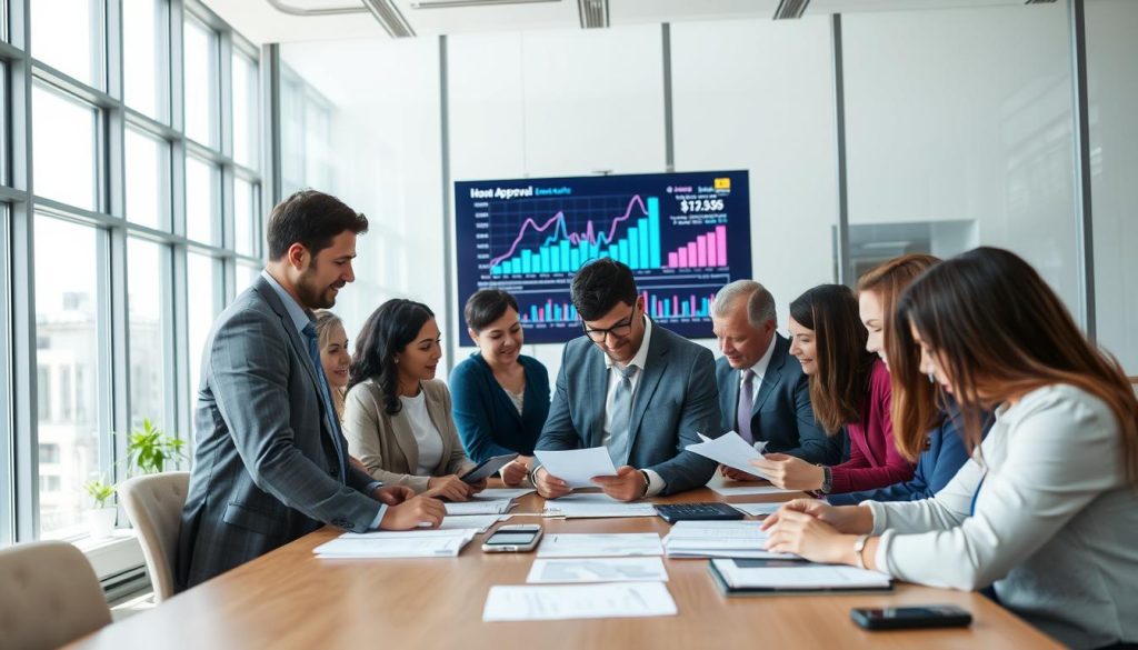 A professional and modern office environment showcasing a loan approval process. In the foreground, a diverse group of individuals in business attire are engaged in discussion around a large conference table, examining paperwork and digital devices related to mortgage applications. In the middle ground, a digital screen displays financial charts and data, emphasizing the importance of loan assessments. The background features large windows allowing natural light to flood the room, creating a bright and productive atmosphere. The mood is focused and collaborative, reflecting the seriousness of the mortgage approval process. The scene captures a sense of urgency and professionalism, with a lens focus that highlights both the people and the technology involved. A professional and modern office environment showcasing a loan approval process. In the foreground, a diverse group of individuals in business attire are engaged in discussion around a large conference table, examining paperwork and digital devices related to mortgage applications. In the middle ground, a digital screen displays financial charts and data, emphasizing the importance of loan assessments. The background features large windows allowing natural light to flood the room, creating a bright and productive atmosphere. The mood is focused and collaborative, reflecting the seriousness of the mortgage approval process. The scene captures a sense of urgency and professionalism, with a lens focus that highlights both the people and the technology involved.