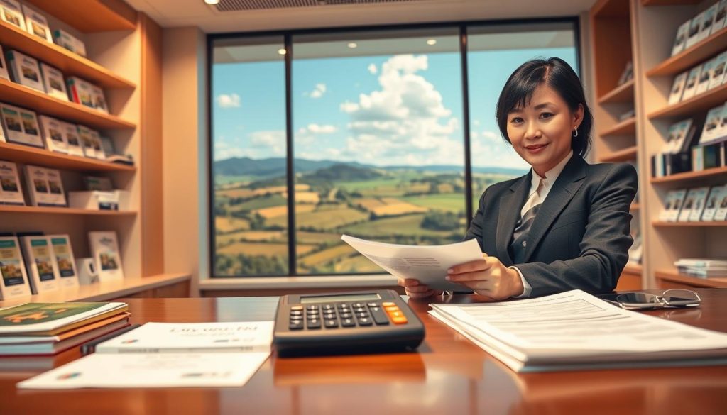 A professional and visually engaging scene depicting a bank office specializing in land loans. In the foreground, there’s a neatly organized desk with financial documents and a calculator, hinting at the loan process. A business professional, dressed in smart attire, is reviewing the documents with a confident expression. In the middle ground, a large window reveals a view of Taiwan's landscape with fields and plots of land, symbolizing the types of loans available. The background features shelves filled with financial books and brochures about land loans. The lighting is warm and inviting, creating a sense of trust and professionalism. The overall atmosphere is one of guidance and opportunity, perfect for discussing common land loan types in Taiwan. A professional and visually engaging scene depicting a bank office specializing in land loans. In the foreground, there’s a neatly organized desk with financial documents and a calculator, hinting at the loan process. A business professional, dressed in smart attire, is reviewing the documents with a confident expression. In the middle ground, a large window reveals a view of Taiwan's landscape with fields and plots of land, symbolizing the types of loans available. The background features shelves filled with financial books and brochures about land loans. The lighting is warm and inviting, creating a sense of trust and professionalism. The overall atmosphere is one of guidance and opportunity, perfect for discussing common land loan types in Taiwan.