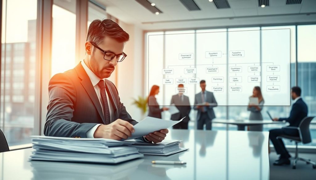 A professional bank auditing process in a well-lit modern office environment. In the foreground, a focused male banker in a smart suit examines a stack of documents on a sleek desk, highlighting the meticulous nature of the review process. In the middle ground, a detailed workflow diagram illustrated on a digital screen shows the steps from document submission to decision-making, surrounded by other bankers collaborating in discussion. In the background, large windows allow natural light to flow in, casting a warm glow over the scene, creating an atmosphere of professionalism and diligence. The image captures the intensity and seriousness of the auditing process while maintaining a clean and organized aesthetic, with a focus on teamwork and clarity.