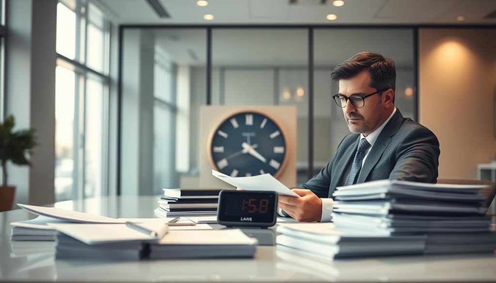 A professional bank office setting, showcasing a focused bank officer reviewing loan applications at a sleek modern desk, surrounded by stacks of financial documents. In the middle ground, a digital clock indicates the passage of time, subtly illustrating the urgency and speed of the loan approval process. The background features large windows with soft, diffused sunlight illuminating the room, creating a calm yet dynamic atmosphere. The bank officer, dressed in a tailored business suit, demonstrates concentration and diligence. The overall mood should convey professionalism, efficiency, and a sense of responsibility, with a slight blur on the background elements to emphasize the officer's focused work.
