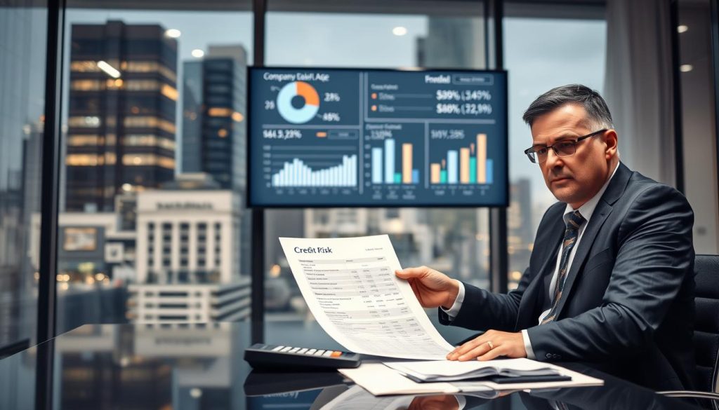 A professional banker evaluates a business loan application, focusing on "credit risk" in a modern office environment. In the foreground, a serious-looking banker in professional attire studies a financial report on a sleek desk, surrounded by documents and a calculator. In the middle, a large screen displays financial graphs and charts illustrating company age and loan approval statistics. The background features a glass window showing a cityscape, symbolizing the business world. Soft, diffused lighting creates a serious atmosphere, emphasizing the importance of trust and stability in financial decisions. The camera angle is slightly elevated, capturing the scene with a focus on the banker’s intent expression and the impactful data on the screen.