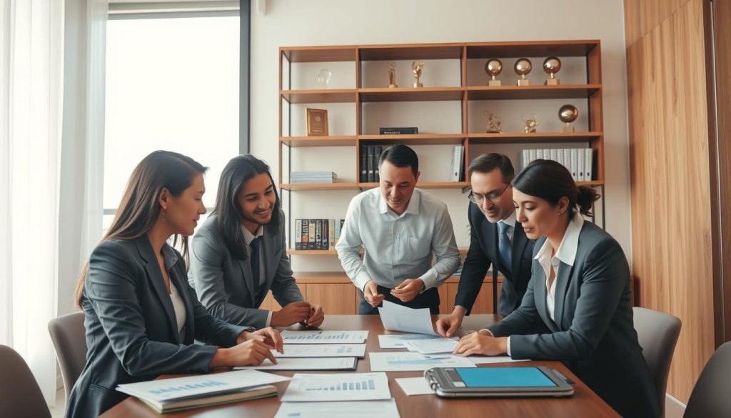 A professional business environment depicting a small to medium-sized enterprise loan scenario. In the foreground, a diverse group of business professionals in business attire are engaged in discussion around a table filled with financial documents and a laptop displaying graphs. In the middle, a large window lets in soft, natural light, illuminating the room with a warm ambiance. A shelf in the background holds financial books and corporate awards, adding to the atmosphere of success and professionalism. The angle is slightly above eye level, capturing the expressions of focus and determination on the faces of the individuals. The overall mood is one of collaboration and confidence, emphasizing the importance of making informed financial decisions for growing businesses. A professional business environment depicting a small to medium-sized enterprise loan scenario. In the foreground, a diverse group of business professionals in business attire are engaged in discussion around a table filled with financial documents and a laptop displaying graphs. In the middle, a large window lets in soft, natural light, illuminating the room with a warm ambiance. A shelf in the background holds financial books and corporate awards, adding to the atmosphere of success and professionalism. The angle is slightly above eye level, capturing the expressions of focus and determination on the faces of the individuals. The overall mood is one of collaboration and confidence, emphasizing the importance of making informed financial decisions for growing businesses.
