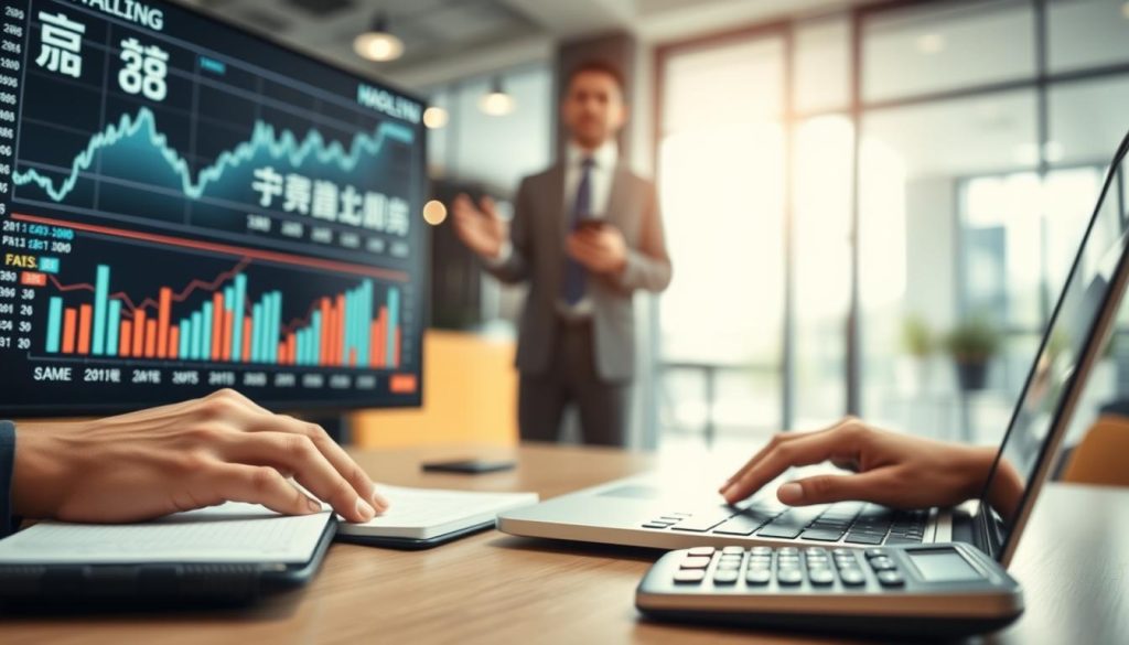 A professional business environment featuring a close-up of a digital screen displaying financial graphs and data related to "核貸結果". In the foreground, show a pair of hands typing on a laptop, with a notepad and a calculator beside it, symbolizing thorough analysis. In the middle ground, include a blurred figure of an individual in professional business attire, engaged in a discussion or presentation. The background consists of an office space with modern design, soft lighting highlighting the importance of the data shown. The mood is serious and analytical, portraying a sense of focus and determination. Utilize a shallow depth of field to draw attention to the screen while subtly highlighting the business context.