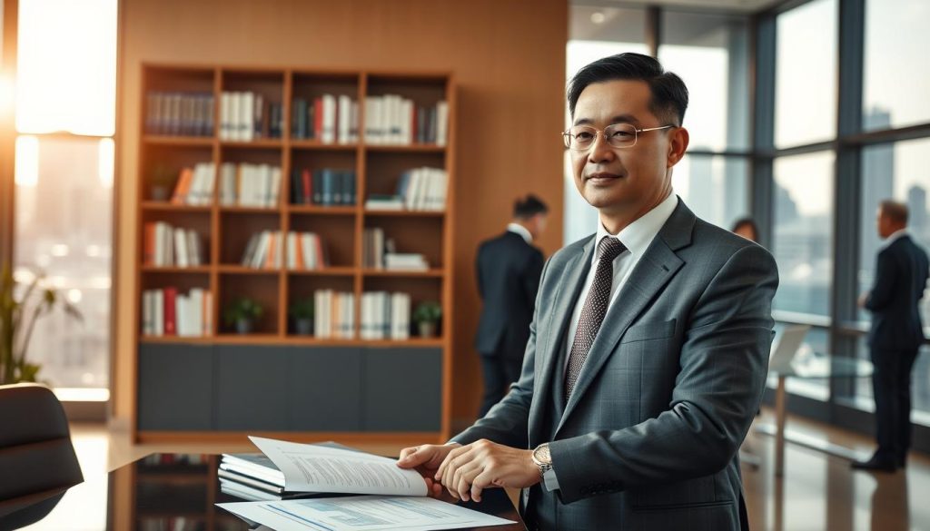 A professional business environment featuring a confident business leader, a middle-aged Asian man in a well-fitted suit, standing in a modern office setting. In the foreground, focus on his thoughtful expression as he reviews financial documents on a sleek black desk. The middle ground includes an elegant bookshelf filled with business books, and a large window showcasing a city skyline bathed in natural sunlight. The background is subtly blurred to emphasize the leader's importance, but you can make out colleagues engaged in discussions. The lighting is warm and inviting, creating an atmosphere of professionalism and trust. Use a standard lens angle to capture the scene with clarity and depth. A professional business environment featuring a confident business leader, a middle-aged Asian man in a well-fitted suit, standing in a modern office setting. In the foreground, focus on his thoughtful expression as he reviews financial documents on a sleek black desk. The middle ground includes an elegant bookshelf filled with business books, and a large window showcasing a city skyline bathed in natural sunlight. The background is subtly blurred to emphasize the leader's importance, but you can make out colleagues engaged in discussions. The lighting is warm and inviting, creating an atmosphere of professionalism and trust. Use a standard lens angle to capture the scene with clarity and depth.