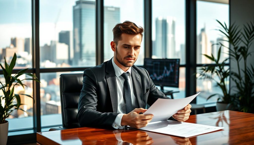 A professional business environment featuring a confident individual acting as a guarantor. In the foreground, a well-dressed person in a tailored suit sits at a polished wooden desk, reviewing documents with a focused expression. In the middle, a large window reveals a bustling cityscape, symbolizing the financial industry's vibrancy. Subtle reflections of office buildings create depth, while potted plants softly frame the scene. The background shows a modern office with financial charts and data visualizations on a screen, suggesting the core subject matter. The lighting is bright and inviting, casting soft shadows that enhance the professional atmosphere, captured with a slight high-angle perspective to emphasize the individual’s authority and confidence in the role of a guarantor. A professional business environment featuring a confident individual acting as a guarantor. In the foreground, a well-dressed person in a tailored suit sits at a polished wooden desk, reviewing documents with a focused expression. In the middle, a large window reveals a bustling cityscape, symbolizing the financial industry's vibrancy. Subtle reflections of office buildings create depth, while potted plants softly frame the scene. The background shows a modern office with financial charts and data visualizations on a screen, suggesting the core subject matter. The lighting is bright and inviting, casting soft shadows that enhance the professional atmosphere, captured with a slight high-angle perspective to emphasize the individual’s authority and confidence in the role of a guarantor.