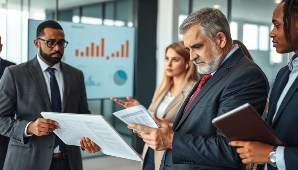 A professional business environment featuring a diverse group of individuals engaged in a serious discussion about financial records. In the foreground, a middle-aged man in a sharp suit holds a tablet, analyzing data with a concerned expression. Beside him, a young woman in business attire gestures thoughtfully, illustrating the importance of their conversation. In the middle ground, a large screen displays graphs and charts, symbolizing data analysis and record-keeping. The background consists of a modern office with glass walls, soft natural light filtering in, creating a calm yet focused atmosphere. Use a wide-angle lens to capture the group dynamics and emphasize the serious mood of the topic being discussed. The overall image should evoke a sense of inquiry and responsibility regarding financial records.