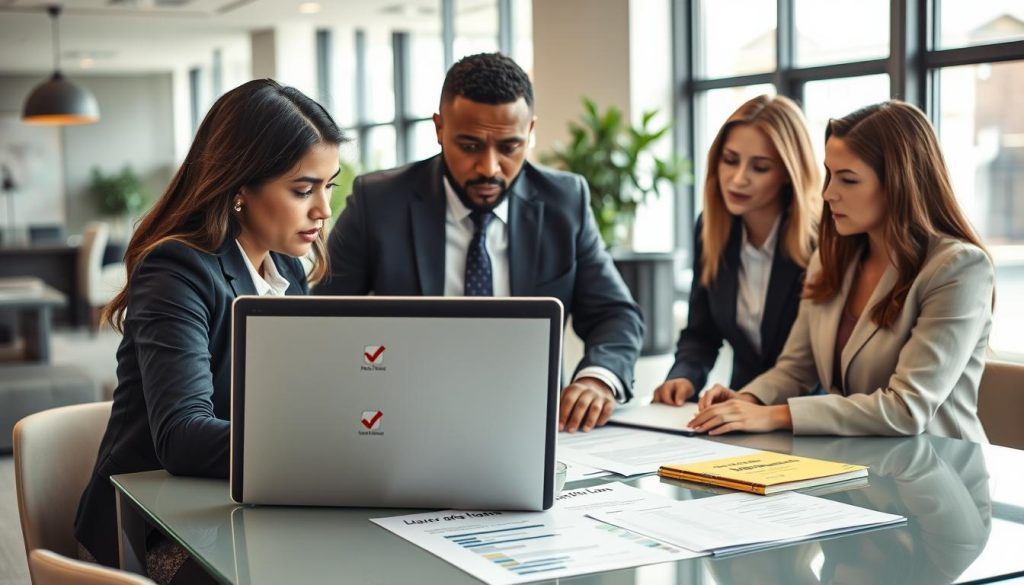 A professional business environment focused on loan application safety and fraud prevention. In the foreground, a diverse group of three individuals in professional attire—a Hispanic woman, a Black man, and a Caucasian woman—are engaged in a serious discussion around a table covered with financial documents. The middle ground features a laptop displaying security software and a checklist for loan applications to ensure compliance and safety. The background reveals a stylish office with modern decor and large windows letting in natural light. The atmosphere is tense yet focused, emphasizing diligence and caution in finance. The lighting is bright and crisp, enhancing the clarity of the scene and reflecting a sense of urgency and professionalism. A professional business environment focused on loan application safety and fraud prevention. In the foreground, a diverse group of three individuals in professional attire—a Hispanic woman, a Black man, and a Caucasian woman—are engaged in a serious discussion around a table covered with financial documents. The middle ground features a laptop displaying security software and a checklist for loan applications to ensure compliance and safety. The background reveals a stylish office with modern decor and large windows letting in natural light. The atmosphere is tense yet focused, emphasizing diligence and caution in finance. The lighting is bright and crisp, enhancing the clarity of the scene and reflecting a sense of urgency and professionalism.