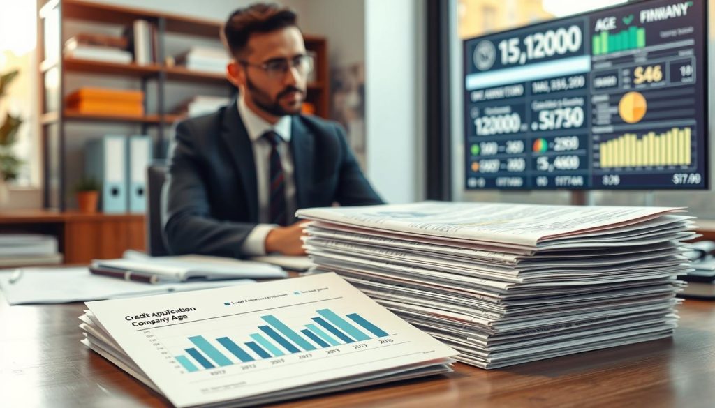 A professional business environment showcasing a well-organized desk filled with financial documents and charts depicting credit data. In the foreground, a neatly arranged stack of credit application materials, highlighting company age with graphs comparing loan eligibility over various years. Middle ground features a focused professional in business attire, examining the documents with a thoughtful expression, symbolizing strategic planning. The background includes a stylish office setting, with shelves adorned with finance books and a modern digital screen displaying key statistics on company longevity and financing. Soft, natural lighting filters through a nearby window, creating a warm and inviting atmosphere that conveys diligence and professionalism.