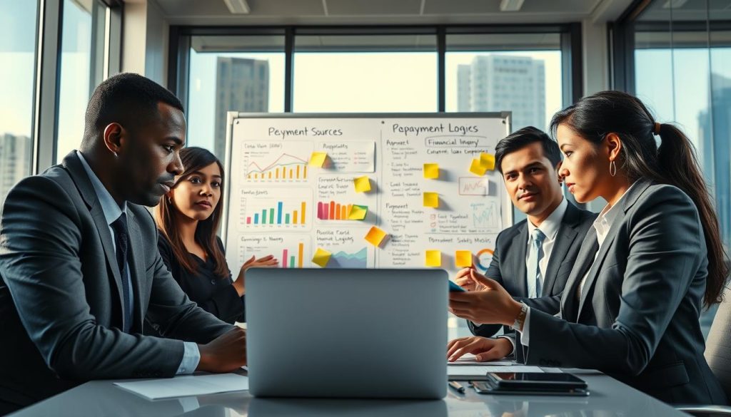 A professional business meeting in a modern office environment, with a focus on financial charts and graphs illustrating repayment sources. In the foreground, a diverse group of three business professionals, dressed in smart business attire, engaged in discussion around a table with a laptop displaying financial projections. In the middle ground, a large whiteboard with colorful graphs and post-it notes detailing financial strategies and loan options. The background features a large window with natural light streaming in, revealing a city skyline. The atmosphere is focused and serious, conveying the importance of understanding financing logic for companies not yet profitable. Use a bright, well-lit ambiance, capturing the essence of professionalism and determination.