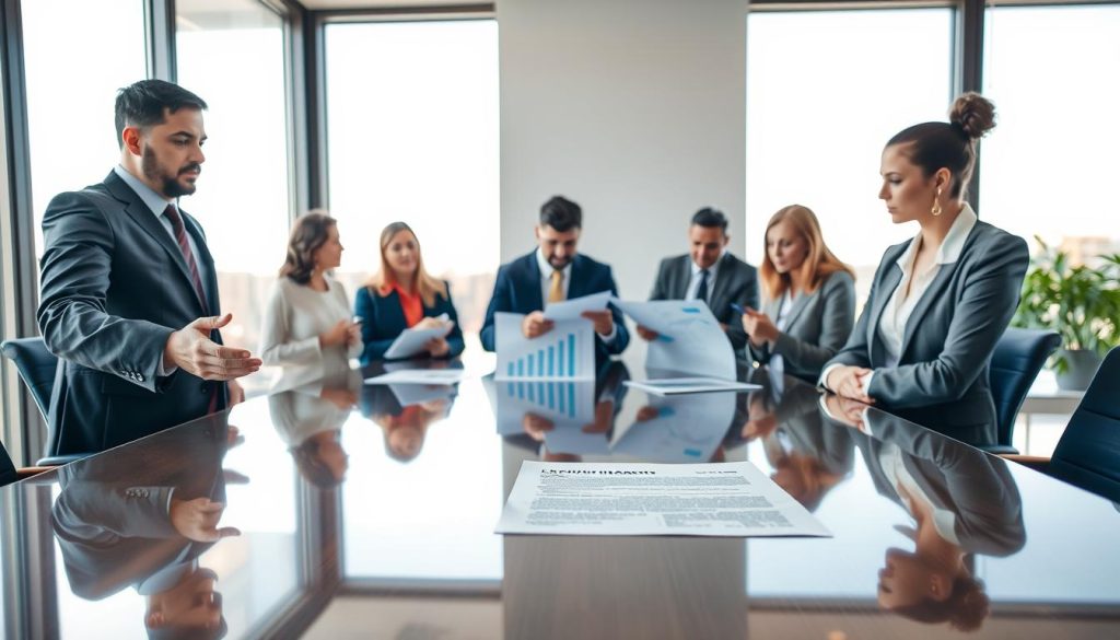 A professional business meeting scene focused on the concept of collateral or "guarantee" in a loan context. The foreground features a confident businessperson in formal attire, gesturing towards a sleek contract on a polished conference table, symbolizing the assurance of a loan. In the middle, several diverse professionals, engaged in discussion, analyze charts and graphs representing financial data and risk assessment. The background includes large windows with soft, natural light streaming in, creating a bright and optimistic atmosphere. The setting is a modern office with minimalist décor, emphasizing a professional and collaborative environment. The mood is serious yet hopeful, underscoring the importance of guarantees in business loan applications.