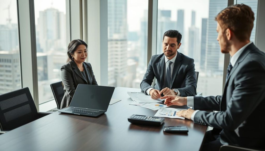 A professional business meeting scene in a modern conference room, featuring two people engaged in a credit negotiation. In the foreground, a middle-aged Asian woman in a smart suit, confidently discussing terms with a young Caucasian man in business attire, pointing at a financial document on the table. The middle of the image shows a sleek, dark wooden table with laptops, financial charts, and a calculator. In the background, large windows with city views allow soft, natural light to flood the room, creating a bright and professional atmosphere. Subtle shadows enhance depth, while the overall mood conveys determination and collaboration in achieving mutually beneficial credit terms. Focus on realistic details, emphasizing professionalism and seriousness in the negotiation process. A professional business meeting scene in a modern conference room, featuring two people engaged in a credit negotiation. In the foreground, a middle-aged Asian woman in a smart suit, confidently discussing terms with a young Caucasian man in business attire, pointing at a financial document on the table. The middle of the image shows a sleek, dark wooden table with laptops, financial charts, and a calculator. In the background, large windows with city views allow soft, natural light to flood the room, creating a bright and professional atmosphere. Subtle shadows enhance depth, while the overall mood conveys determination and collaboration in achieving mutually beneficial credit terms. Focus on realistic details, emphasizing professionalism and seriousness in the negotiation process.