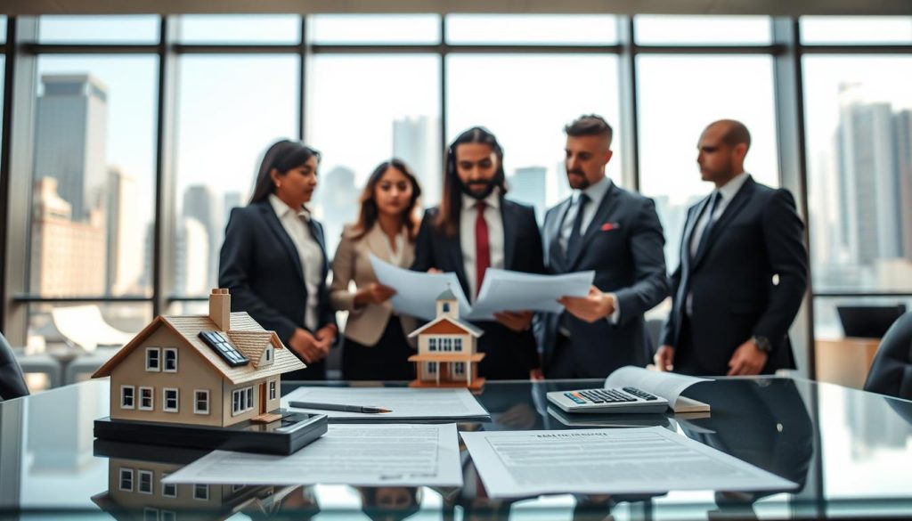 A professional business office scene focused on real estate collateral. In the foreground, a sleek glass table displays important documents, a small house model, and a calculator, symbolizing property assessments. The middle ground features a diverse group of three professionals, dressed in smart business attire, discussing the documents, with one gesturing to the house model. The background is filled with large windows showing a city skyline during the day, providing natural light that brightens the space. The atmosphere conveys a sense of urgency and professionalism, emphasizing the critical nature of guarantees and collateral in business loans. The composition is well-balanced, with a shallow depth of field to keep the focus on the professionals and the tabletop items. A professional business office scene focused on real estate collateral. In the foreground, a sleek glass table displays important documents, a small house model, and a calculator, symbolizing property assessments. The middle ground features a diverse group of three professionals, dressed in smart business attire, discussing the documents, with one gesturing to the house model. The background is filled with large windows showing a city skyline during the day, providing natural light that brightens the space. The atmosphere conveys a sense of urgency and professionalism, emphasizing the critical nature of guarantees and collateral in business loans. The composition is well-balanced, with a shallow depth of field to keep the focus on the professionals and the tabletop items.