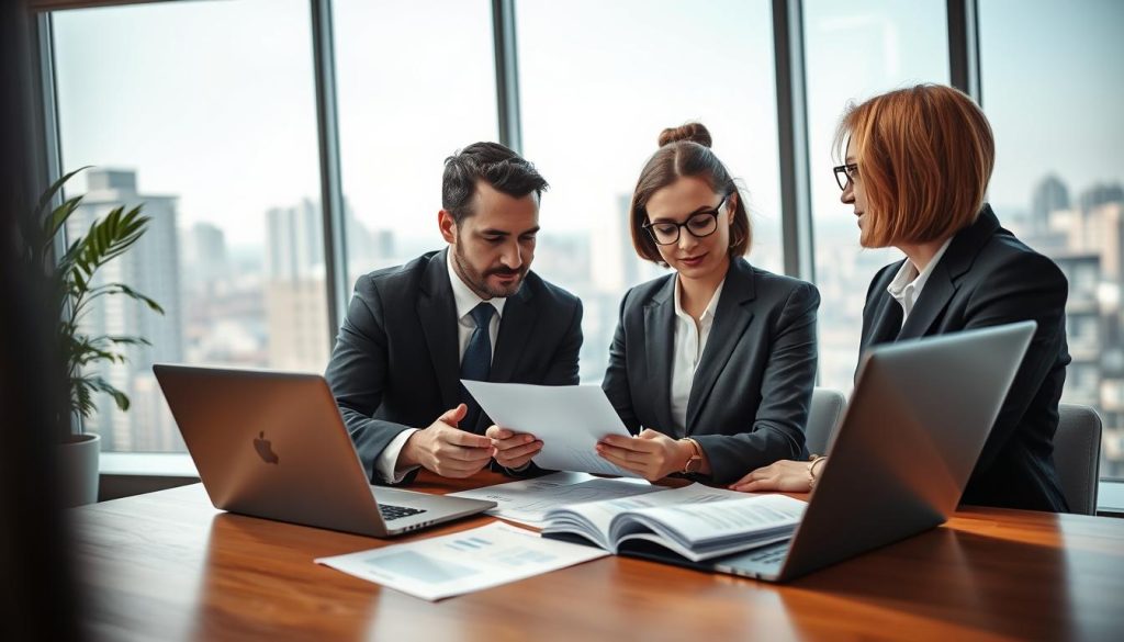 A professional business scene depicting a self-employed individual and a small business owner discussing car loan options in a modern office environment. In the foreground, two people: a well-dressed man in a tailored suit and a woman in smart business attire, both engaged in a conversation while reviewing documents on a wooden desk. The middle ground shows financial charts and a laptop open with graphs visible. The background features a large window with natural light flooding the room, casting soft shadows. Use a shallow depth of field to emphasize the subjects while giving a slightly blurred view of the cityscape outside. The mood is focused and collaborative, conveying the seriousness of financial planning in a professional setting.