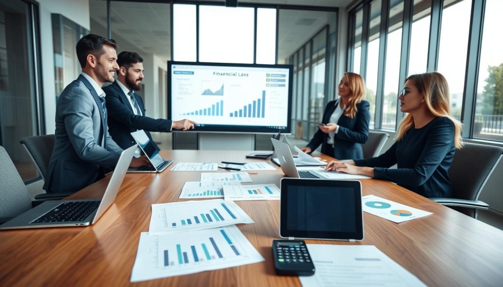 A professional business scene showcasing a diverse group of individuals in formal attire, engaged in a discussion over financial reports and charts. In the foreground, a sleek wooden conference table is filled with laptops, paperwork displaying financial graphs, and calculators. The middle ground features the group—two men and two women of different ethnicities—pointing at a large projection screen displaying key financial indicators. In the background, a modern office environment with glass windows letting in natural light creates an atmosphere of collaboration and professionalism. The lighting is bright and clear, emphasizing focus and engagement. The camera angle is slightly elevated, capturing both the participants' expressions and the analytical materials, conveying the critical financial metrics that impact business loans beyond company age.