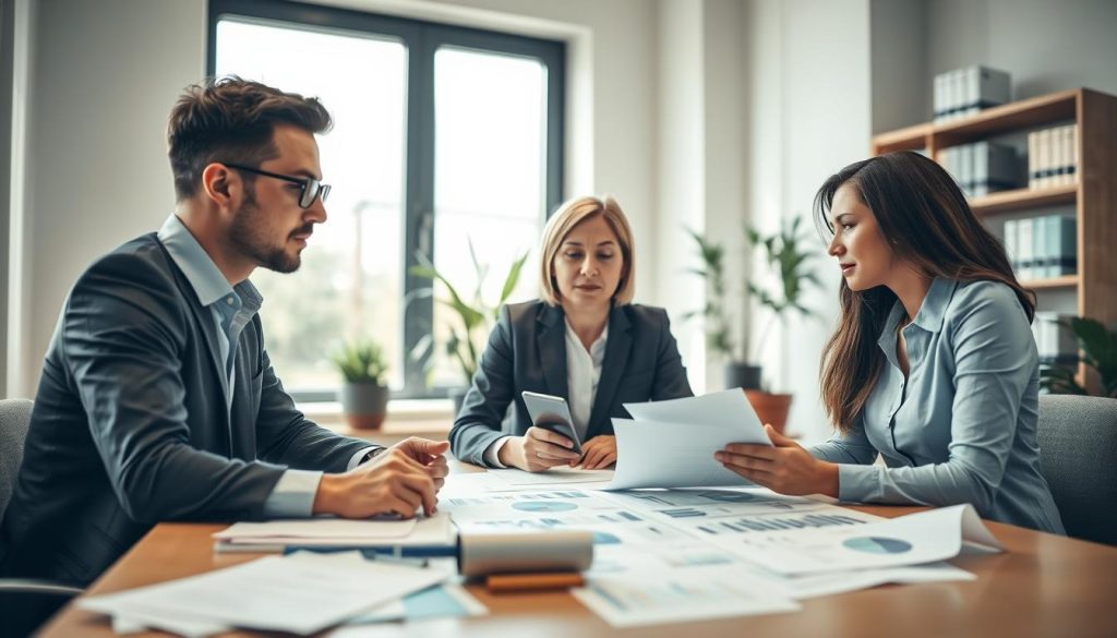 A professional business setting depicting an office environment focused on financial discussions. In the foreground, a diverse group of three professionals, a man and two women, are engaged in a conversation around a table strewn with financial documents and graphs. They appear to be evaluating options for business loans, showcasing expressions of determination and hope. In the middle ground, a large window allows soft, natural light to illuminate the scene, creating a warm and inviting atmosphere. The background features a bookshelf filled with financial books and a potted plant, adding a touch of tranquility. Capture the mood of collaboration and goal-setting, with a depth of field that draws attention to the discussion while subtly blurring the environment for emphasis. A professional business setting depicting an office environment focused on financial discussions. In the foreground, a diverse group of three professionals, a man and two women, are engaged in a conversation around a table strewn with financial documents and graphs. They appear to be evaluating options for business loans, showcasing expressions of determination and hope. In the middle ground, a large window allows soft, natural light to illuminate the scene, creating a warm and inviting atmosphere. The background features a bookshelf filled with financial books and a potted plant, adding a touch of tranquility. Capture the mood of collaboration and goal-setting, with a depth of field that draws attention to the discussion while subtly blurring the environment for emphasis.
