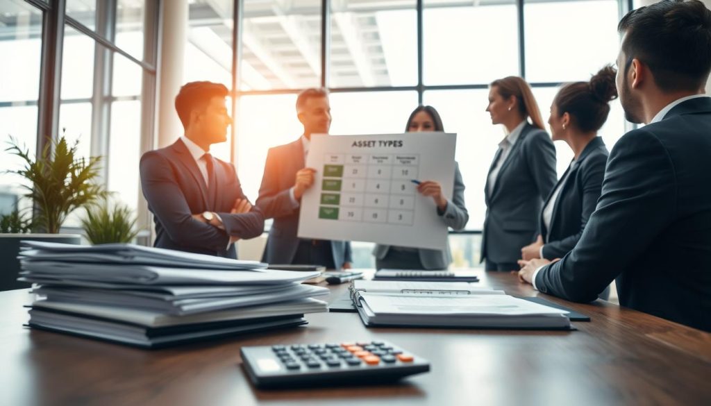 A professional business setting depicting the concept of collateral. In the foreground, a well-organized desk features a stack of paperwork, a calculator, and a small potted plant, symbolizing careful financial planning. In the middle, a diverse group of four business professionals—two men and two women—are engaged in discussion, dressed in professional attire, with one person pointing to a chart illustrating asset types. The background showcases a modern office environment with large windows allowing natural light to flood in, casting soft shadows. The atmosphere conveys a sense of collaboration and thoughtful decision-making, emphasizing the importance of securing loans with manageable collateral. The lens focuses sharply on the group while subtly blurring the background, highlighting the topic at hand.