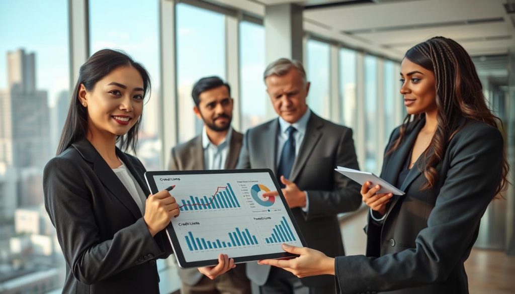 A professional business setting featuring a diverse group of businesspeople engaged in a discussion. In the foreground, a confident Asian woman in business attire is presenting financial charts on a modern tablet, displaying graphs related to revenue and credit limits. In the middle ground, a middle-aged Caucasian man in a smart suit is listening attentively, while a young African American woman in professional attire takes notes. The background shows a sleek office with large windows allowing natural light to flood the room, contrasting with a city skyline outside. Use a shallow depth of field to focus on the group, creating a vibrant and collaborative atmosphere. The mood should be one of professionalism, innovation, and teamwork, reflecting the important relationship between business revenue and credit evaluation.