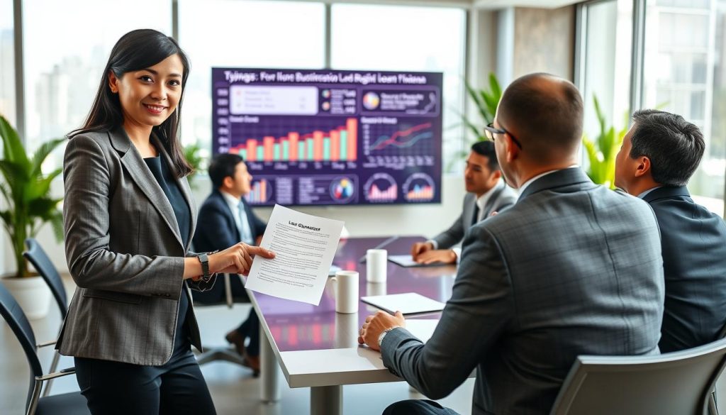 A professional business setting featuring a diverse group of individuals engaged in a discussion about loan guarantors. In the foreground, a confident woman in formal business attire is holding a document, while two men, one in a suit and the other in smart casual wear, are seated at a conference table, listening attentively. The middle ground includes a large screen displaying graphs and loan information relevant to business loans in Taiwan. In the background, an office space with potted plants and large windows offers a bright, airy atmosphere, enhanced by natural light streaming in. The mood is collaborative and focused, capturing the essence of a serious financial discussion. Utilize a slightly elevated camera angle to encompass the group's interaction and the office environment. A professional business setting featuring a diverse group of individuals engaged in a discussion about loan guarantors. In the foreground, a confident woman in formal business attire is holding a document, while two men, one in a suit and the other in smart casual wear, are seated at a conference table, listening attentively. The middle ground includes a large screen displaying graphs and loan information relevant to business loans in Taiwan. In the background, an office space with potted plants and large windows offers a bright, airy atmosphere, enhanced by natural light streaming in. The mood is collaborative and focused, capturing the essence of a serious financial discussion. Utilize a slightly elevated camera angle to encompass the group's interaction and the office environment.