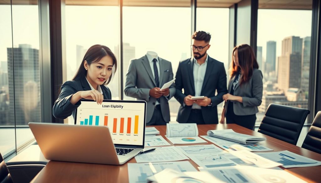 A professional business setting featuring a diverse group of three individuals analyzing a financial document titled "Loan Eligibility". In the foreground, a confident Asian woman in business attire points to a chart illustrating "可貸成數" (Loan-to-Value Ratio) on a laptop screen. In the middle, an engaged African American man attentively takes notes, while a Caucasian woman stands beside him, discussing interest rates and loan terms. The background shows a glass-walled office with city skyline views, bathed in warm daylight, suggesting a motivated atmosphere. The composition includes a stylish conference table scattered with graphs and reports, emphasizing financial analysis. The mood conveys professionalism, teamwork, and optimism about securing reasonable loan conditions. A professional business setting featuring a diverse group of three individuals analyzing a financial document titled "Loan Eligibility". In the foreground, a confident Asian woman in business attire points to a chart illustrating "可貸成數" (Loan-to-Value Ratio) on a laptop screen. In the middle, an engaged African American man attentively takes notes, while a Caucasian woman stands beside him, discussing interest rates and loan terms. The background shows a glass-walled office with city skyline views, bathed in warm daylight, suggesting a motivated atmosphere. The composition includes a stylish conference table scattered with graphs and reports, emphasizing financial analysis. The mood conveys professionalism, teamwork, and optimism about securing reasonable loan conditions.