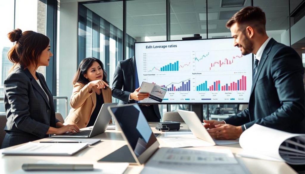 A professional business setting, featuring a well-dressed financial analyst evaluating leverage ratios on a large digital screen. The foreground showcases a diverse group of finance professionals, including a focused Asian woman pointing at financial charts, and a Caucasian man taking notes. The middle layer highlights a modern conference table with laptops, documents, and financial reports, emphasizing teamwork and analysis. The background includes a sleek office space with glass walls and cityscape views, creating an atmosphere of focus and determination. Soft natural lighting filters through, adding a professional yet approachable tone. Capture a sense of collaboration and diligence in assessing company debt and leverage ratios.