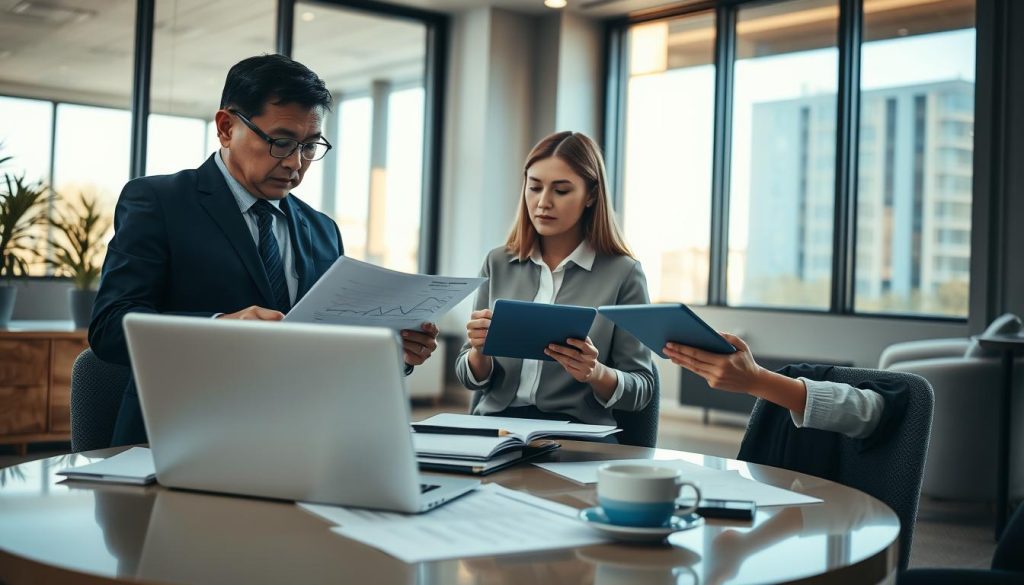 A professional business setting, focusing on a diverse group of individuals assessing their loan application conditions. In the foreground, a middle-aged Asian man is attentively reviewing documents, wearing a sharp navy suit. Beside him, a young Caucasian woman, dressed in a smart blouse, takes notes on a tablet. In the middle, a round table cluttered with papers, a laptop displaying financial graphs, and a coffee cup, reflecting the seriousness of their discussion. The background features a modern office with large windows letting in warm natural light, casting soft shadows that create a calm and focused atmosphere. The overall mood is one of determination and collaboration, highlighting critical thinking and planning for achievable goals.