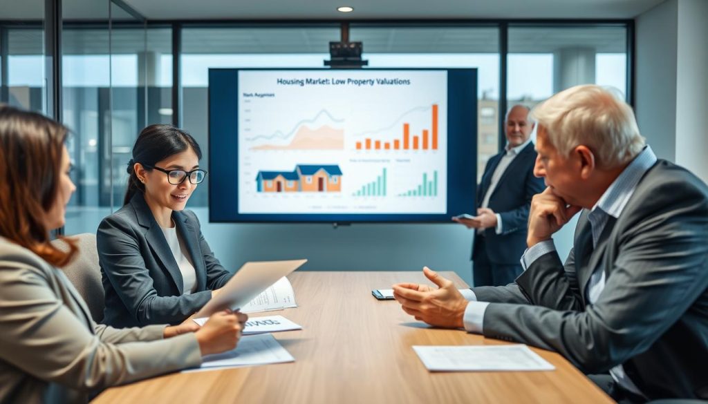 A professional business setting, focusing on a meeting around a conference table. In the foreground, a diverse group of three individuals in smart business attire: a middle-aged woman with glasses reviewing a document, a young man making notes on a tablet, and an older man gesturing thoughtfully as he explains a concept. In the middle ground, charts and graphs displayed on a large screen indicate housing market trends with a clear emphasis on low property valuation. The background features a modern office with large windows, allowing for soft, natural light to illuminate the scene. The atmosphere is collaborative and focused, conveying a sense of urgency as the group strategizes potential alternatives to low appraisals.