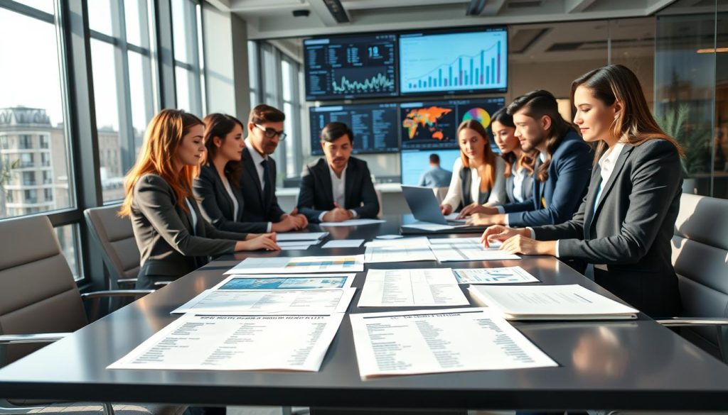A professional business setting highlighting the concept of personal data consistency. In the foreground, a diverse group of business professionals, dressed in smart attire, are gathered around a sleek conference table, reviewing documents and discussing data accuracy. In the middle, detailed files and charts explicitly presenting personal information like names, addresses, and contact numbers, showcasing the importance of correctness. Soft natural light filters through large windows, casting gentle shadows and creating an inviting atmosphere. In the background, a modern office space with digital screens displaying graphs and data analytics. The mood is focused and collaborative, emphasizing the significance of accurate personal data in the approval process.