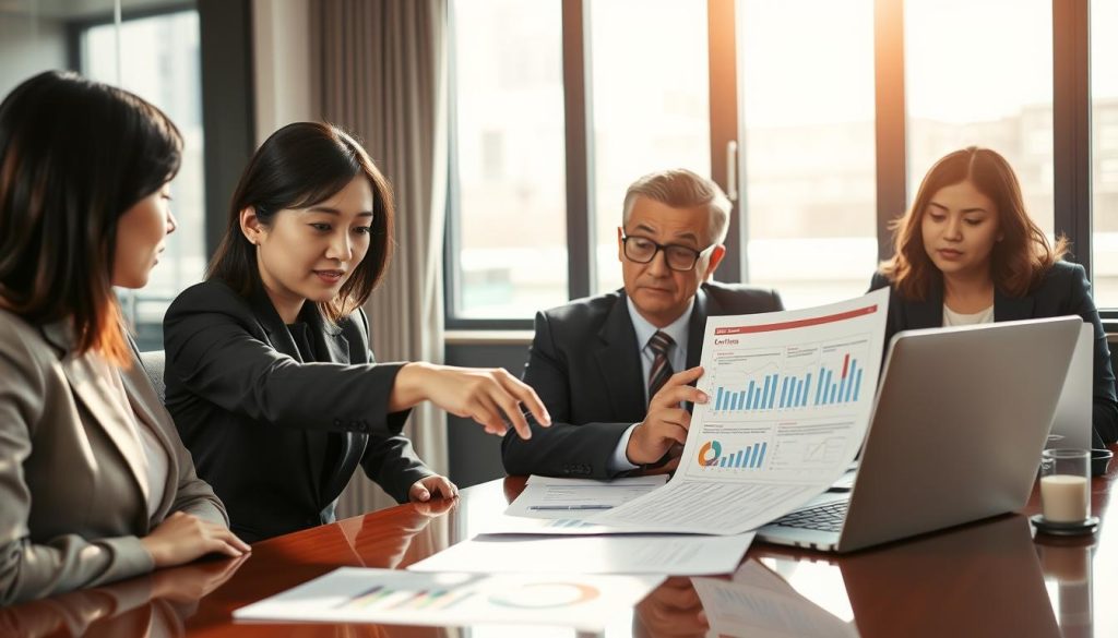 A professional business setting showcasing a diverse group of businesspeople in formal attire discussing financial documents around a polished conference table. In the foreground, a woman of Asian descent is pointing to a detailed chart illustrating loan options. In the middle, a thoughtful middle-aged man with glasses takes notes, surrounded by graphs and statistics displayed on a laptop. The background features a large window with natural light streaming in, casting warm tones throughout the room. The atmosphere is focused and optimistic, with a hint of urgency reflecting the idea that profitability isn't a gatekeeper for obtaining business loans. The composition captures teamwork and collaboration in a high-stakes financial discussion.