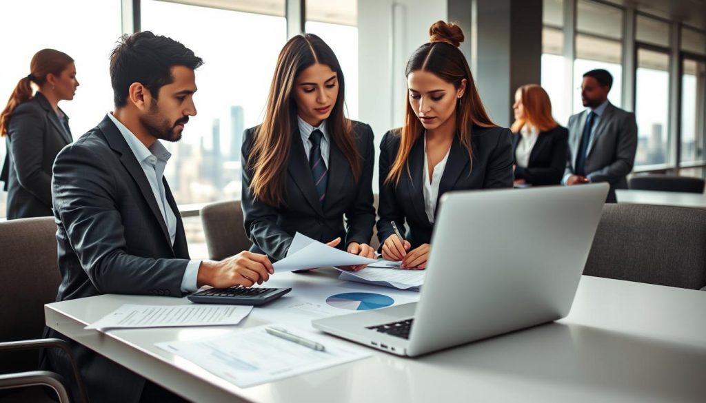 A professional business setting showcasing a diverse group of individuals engaged in a discussion about guarantor requirements for corporate loans. In the foreground, two people in formal attire, a man and a woman, are reviewing documents, emphasizing collaboration and evaluation. The middle ground features a sleek table with financial papers, calculators, and a laptop open to a spreadsheet. In the background, a large window bathes the room in natural light, showing a city skyline, creating a sense of professionalism and opportunity. The atmosphere is focused and serious, highlighting the importance of understanding the criteria and common thresholds for guarantors, with a warm and inviting ambiance created by soft lighting. A professional business setting showcasing a diverse group of individuals engaged in a discussion about guarantor requirements for corporate loans. In the foreground, two people in formal attire, a man and a woman, are reviewing documents, emphasizing collaboration and evaluation. The middle ground features a sleek table with financial papers, calculators, and a laptop open to a spreadsheet. In the background, a large window bathes the room in natural light, showing a city skyline, creating a sense of professionalism and opportunity. The atmosphere is focused and serious, highlighting the importance of understanding the criteria and common thresholds for guarantors, with a warm and inviting ambiance created by soft lighting.