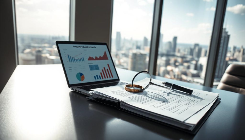 A professional business setting showcasing a financial analyst reviewing property appraisal documents. In the foreground, a sleek, modern desk features a laptop displaying graphs and charts related to loan evaluations. The middle ground highlights an open file with property valuation paperwork, along with a magnifying glass, symbolizing scrutiny of the appraisal amount. In the background, large windows provide a panoramic view of a city skyline under bright daylight, creating a vibrant atmosphere. Soft lighting accentuates the details on the desk and documents, with a focus on the textures of the paperwork. The mood conveys professionalism and analytical rigor, emphasizing the relationship between appraisal values and loan amounts in a clear and engaging manner.