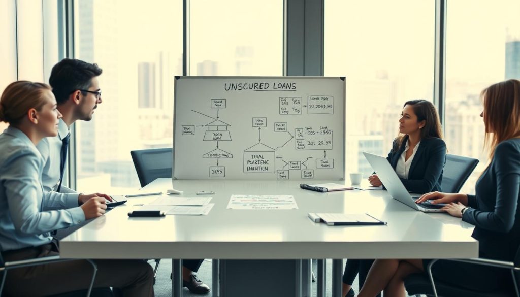 A professional business setting showcasing the concept of "unsecured loans" in the foreground. A diverse group of three business professionals, dressed in smart attire, engaged in a discussion around a sleek conference table, with documents and laptops scattered about. In the middle ground, a large whiteboard with flowcharts and financial data to symbolize loan options and structures. The background features a modern office with glass windows revealing a city skyline, bathed in soft natural light to create a bright and optimistic atmosphere. The focus should be on the collaborative energy and professionalism of the group, highlighting the theme of unsecured corporate lending.